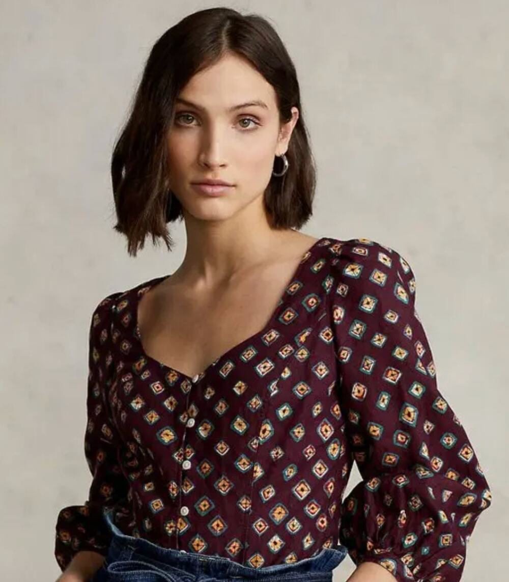 Polo Ralph Lauren 100% Linen Button Front Top Womens 12 Burgundy Diamond Print